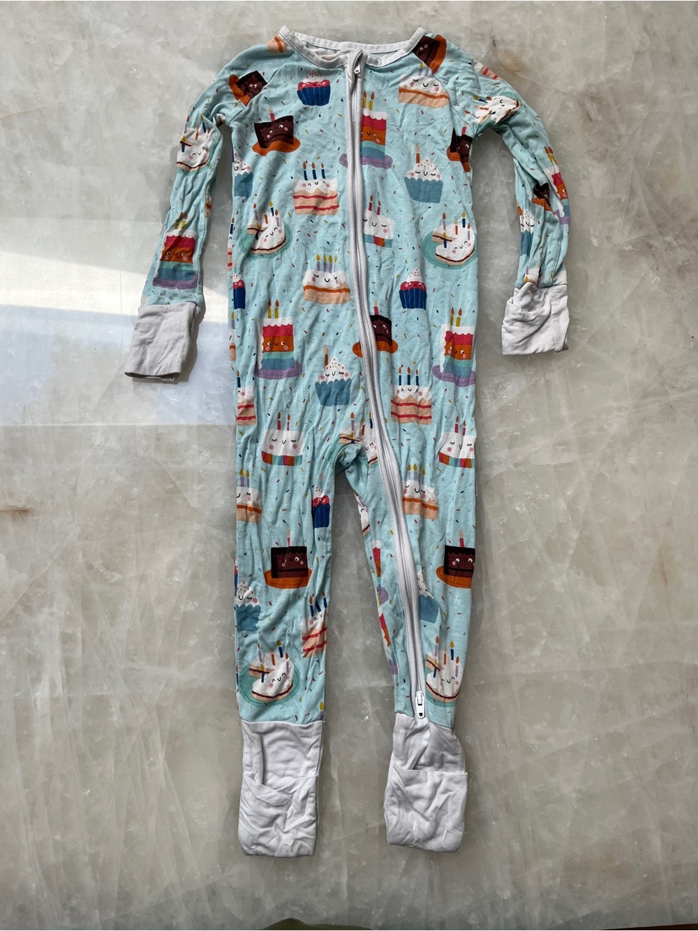 Kids Zip-Front One-Piece Pajamas in Light Blue Birthday Cake Print